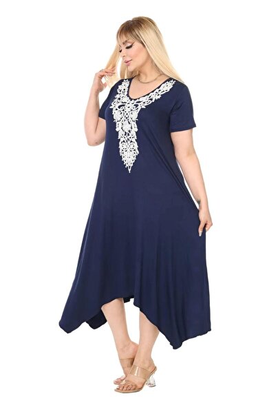 kısmet sepeti Women's Large Size Navy Blue Viscose Knitted Collar Stylish Dress