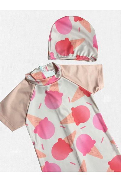 Fil Kids Girl's Pink Color Ice Cream Pattern Short Sleeve Quick Dry Tight Woven Bonnet Swimsuit