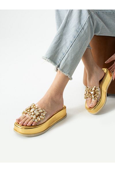 ALEMDAR AYAKKABI Lustra Gold Stone Detail Women's Slippers