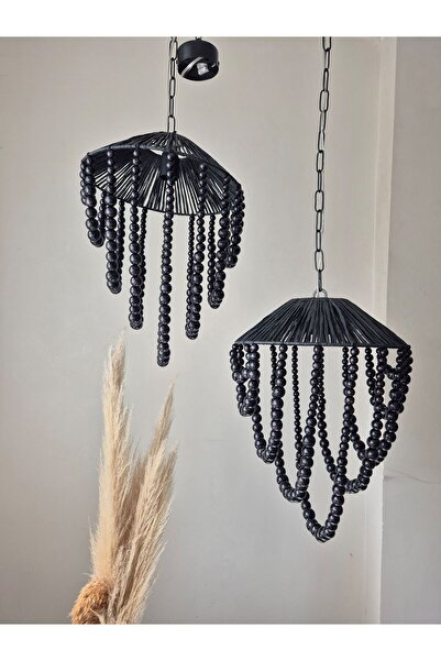 Genel Markalar Rafya ve Ahşap Boncuktan Üretilmiş 1 adet 30 cm çapında Bohem Avize (Duy Dahil)