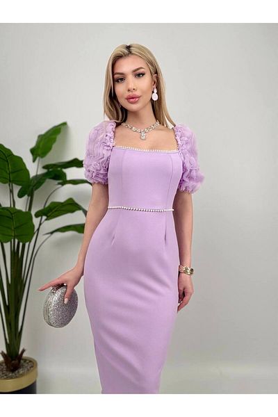 Zoe Zoe Special Design Pearl Detailed Balloon Sleeve White Evening Dress
