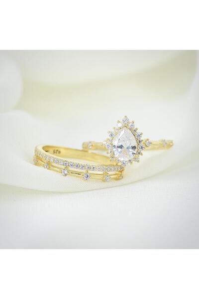 Mia Vento Pırlanta Montür Gold Renk Prenses Işıltısı Tween Gümüş Yüzük