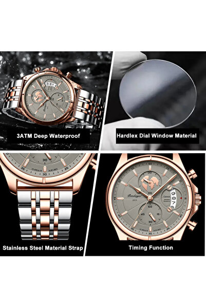 POEDAGAR Ανδρικό Ρολόι Cs1452, Ανοξείδωτο Ατσάλι, Ασημί-Ροζ Χρυσό, Μαύρο Καντράν