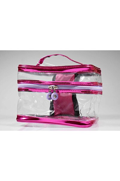 4nio Premıum Ayna Deri Ve Şeffaf Makyaj Kozmetik Çantası Fuşya Renk