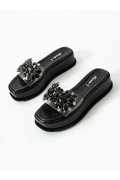 ALEMDAR AYAKKABI Lustra Black Stone Detailed Women's Slippers