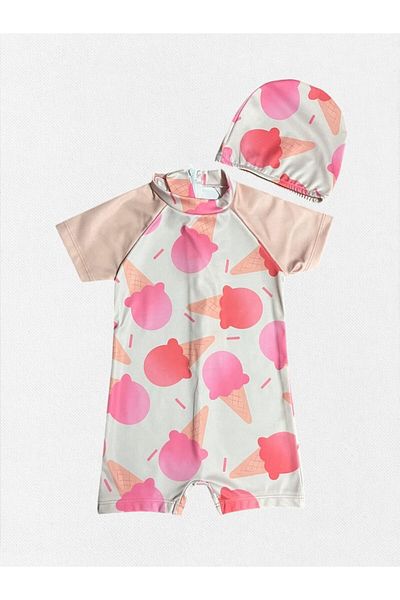 Fil Kids Girl's Pink Color Ice Cream Pattern Short Sleeve Quick Dry Tight Woven Bonnet Swimsuit