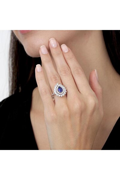 Mia Vento Effective Diamond Sentetik Sentetik Safir Markiz Serenatı Gümüş Yüzük
