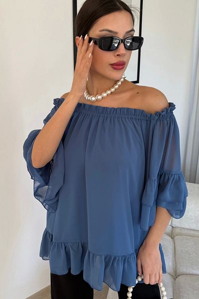 lodmela Bluză din șifon cu guler elastic 6022-Indigo