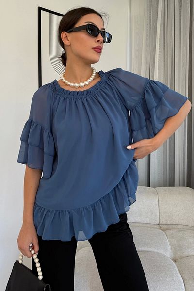 lodmela Bluză din șifon cu guler elastic 6022-Indigo