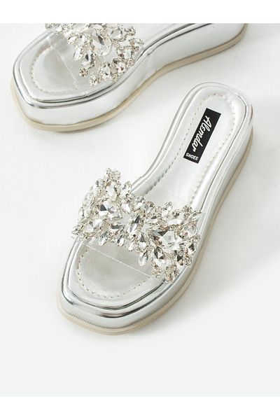 ALEMDAR AYAKKABI Lustra Silver Stone Detailed Women's Slippers