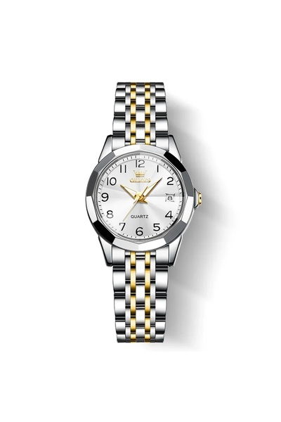 OLEVS Γυναικείο Ρολόι Cs1573, Ανοξείδωτο Ατσάλι, Ασημί-Χρυσό, Λευκό Καντράν