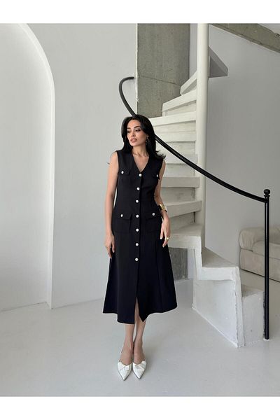 Serica Moda Black Stone Button V-Neck Midi Dress