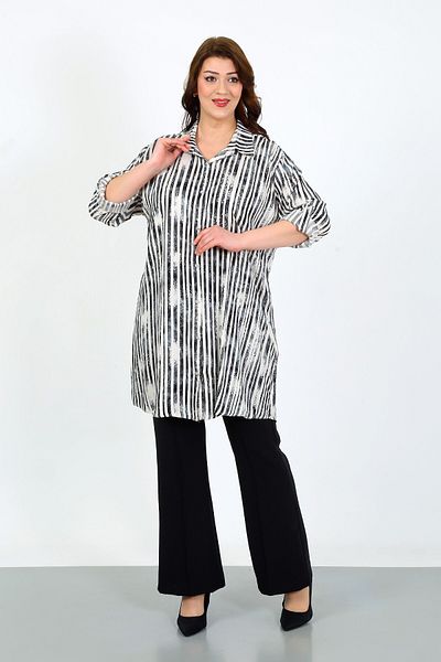By Alba Collection تونيك نسائي قطن فيسكوز مخطط باللون الرمادي مقاس كبير