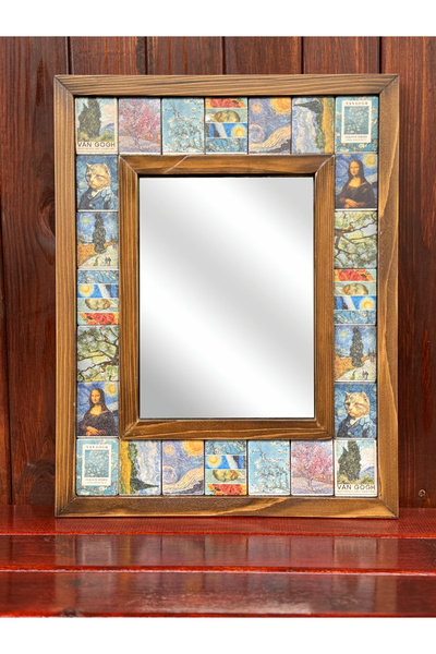 Butik Doğal Ahşap Çerçeveli UV Baskılı Taş Ayna 36x46 cm (Van Gogh Desen) Konsol Aynası