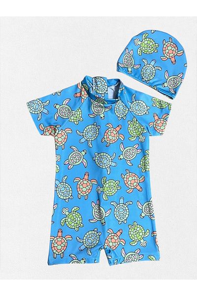 Fil Kids Costum de baie pentru băiat, culoare albastră, cu model Caretta Caretta, cu mânecă scurtă, țesut strâns, cu uscare rapidă