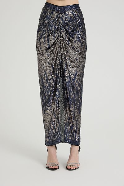 Dejabrew Jeans Navy Blue Large Size Sequined Draped Long Skirt A070-1
