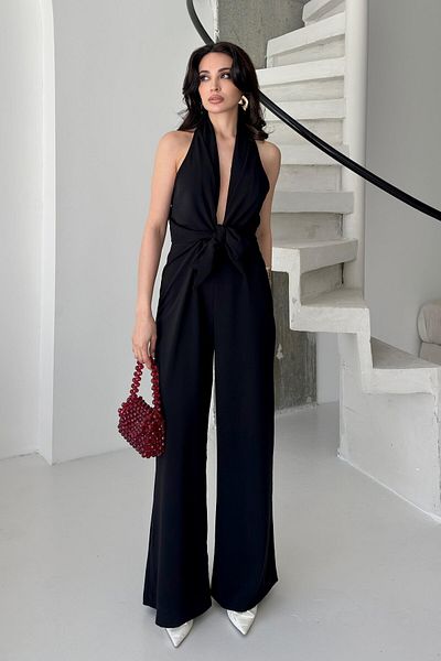 Serica Moda Black Deep V-Neck Jumpsuit with Lacing Detail