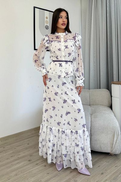 lodmela Σετ μπλούζα και φούστα με σχέδια λουλουδιών 4707-Λευκό/Μωβ