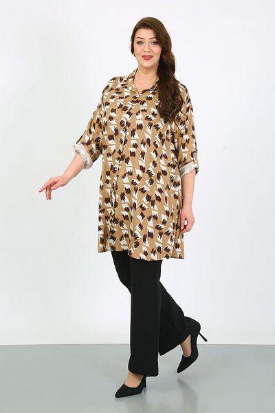 By Alba Collection Women's Tan Patterned Cotton Viscose Large Size Tunic