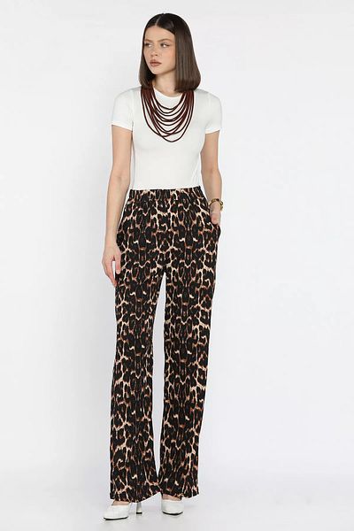 GÜLSELİ Beige-Black Women's Elastic Waist Double Pocket Wrap Trousers