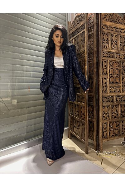 moneta boutique سترة نسائية مطرزة بالترتر - أزرق داكن