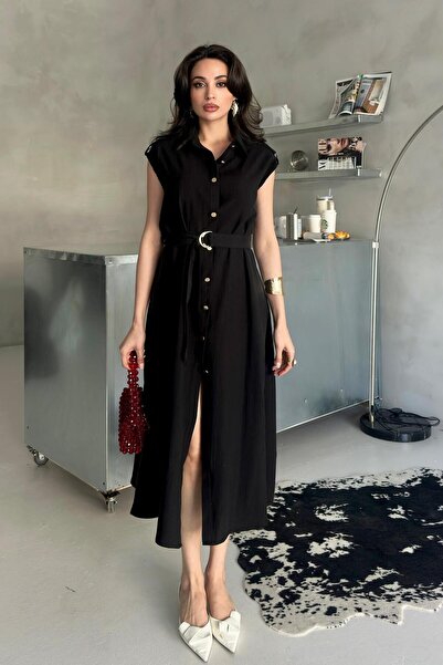 Serica Moda Μίντι φόρεμα με λεπτομέρεια μαύρης ζώνης