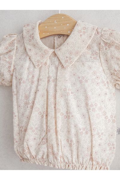 Tongs Baby Baby Girls 100% Cotton Flowery 2-Piece Set Beige Color - Floral Pattern Button Blouse and Drawstring Shorts