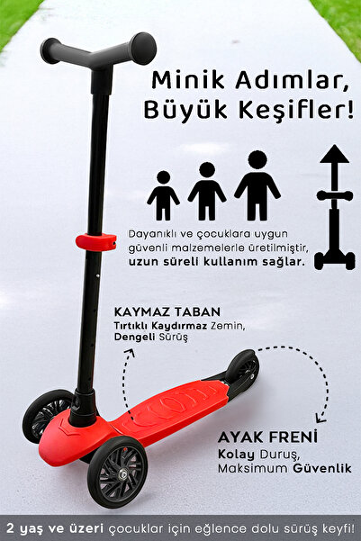 Meleni Toys 3 Tekerlekli Scooter - Yükseklik Ayarlı Scooter 2 Yaş Çocuk Scooter Kırmızı
