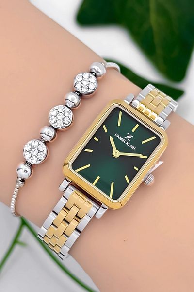 Daniel Klein Steel Cord Women Wrist Watch 3 Atm Water Resistant Silver-Gold-Green Zmdk1187