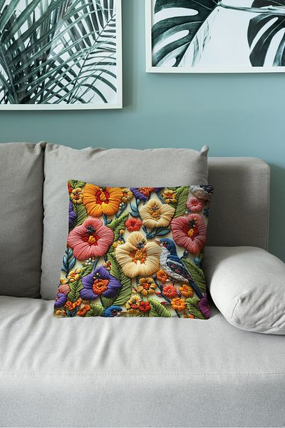 Filamente Double Sided Digital Printing Throw Pillow Cover Embroidery Look Bird Pattern