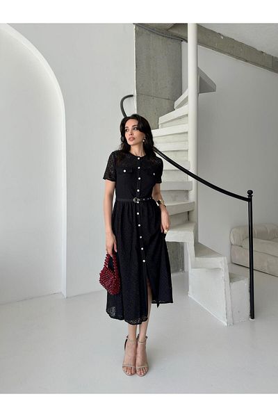 Serica Moda Black Stone Button Belted Midi Lace Dress