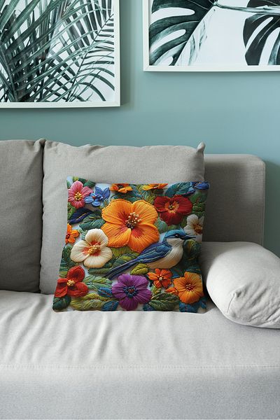 Filamente Double Sided Digital Printing Throw Pillow Cover Embroidery Look Bird Pattern