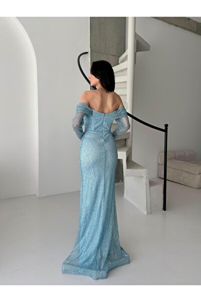 Serica Moda Βραδινό φόρεμα Baby Blue Boat Neck Stone