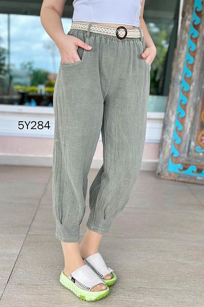 İnce Topuk Linen Trousers with Cuffs and Belt 5Y284