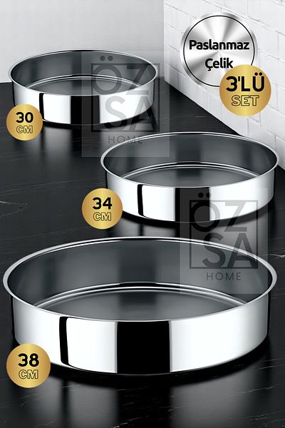 ÖzSa Home Olca Set 3 Piece Stainless Steel Round Baking Tray Fireproof Non-stick Oven Tray