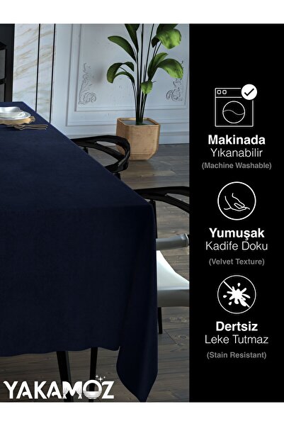 Yakamoz Navy Blue Color Velvet Textured Table Cloth Carefree Velvet Touch Series