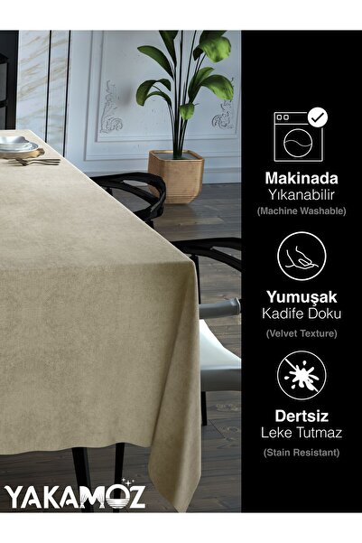 Yakamoz SUMMER BEIGE VELVET TEXTURED TABLE COVER LEAD-FREE VELVET TOUCH SERIES