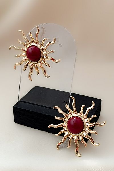 COSİTA Sun Figure Gold Steel Earrings Claret Red