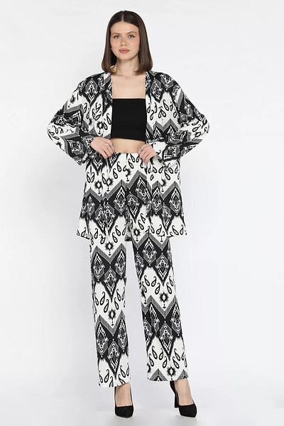 GÜLSELİ Creamy Black Women's Patterned Kimono Pants Double Set