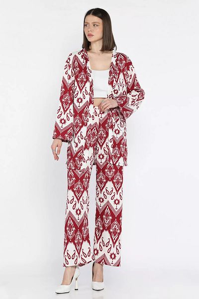 GÜLSELİ Cream Claret Red Women's Patterned Kimono Pants Double Set