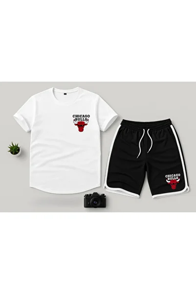 NEW TRENDY COLLECTİON New Season Trend Bulls Printed Slim Fit Oval Cut T-shirt - Polyester Interlock Fabric Shorts 2-Piece