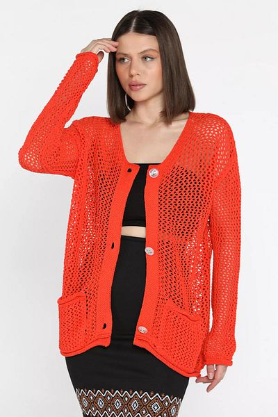 GÜLSELİ Cardigan de tricotaj de damă ajurat cu detaliu cu nasturi portocalii