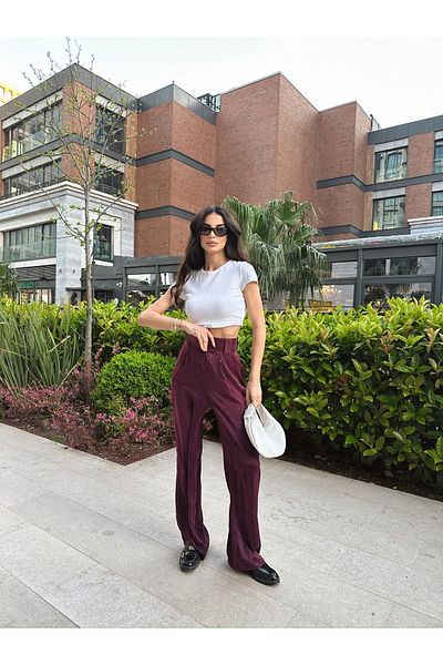 LOCH BUTİK Women's Purple Jacquard Satin Design Trousers