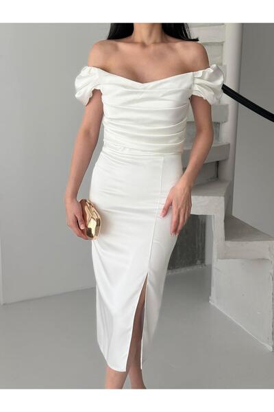 Serica Moda Λευκό Midi βραδινό φόρεμα με ντραπέ εκτός ώμου