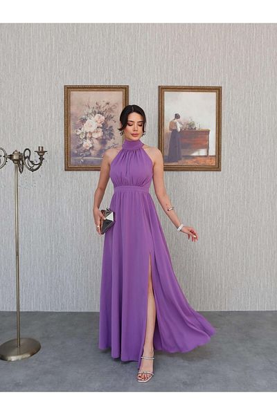 KOSHKA BUTİK Lilac Halter Neck Slit Long Silk Satin Dress