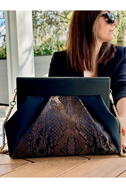 JOPHIEL Patchwork, Zincirli, Ahşap Burslu Çanta, Clutch, El Çantası, Kol Çantası, Omuz Çantası