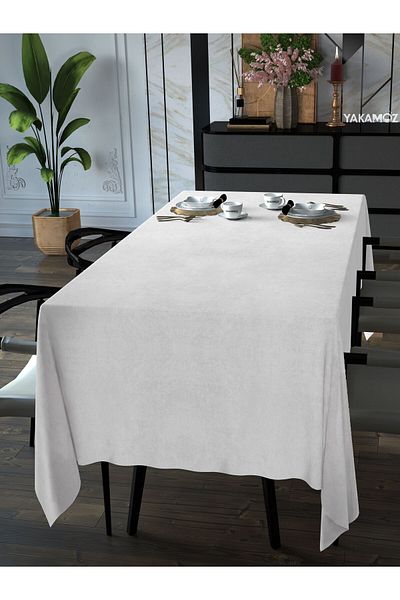 Yakamoz WHITE COLOR VELVET TEXTURED TABLE COVER LEAD-FREE VELVET TOUCH SERIES