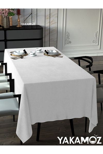 Yakamoz WHITE COLOR VELVET TEXTURED TABLE COVER LEAD-FREE VELVET TOUCH SERIES
