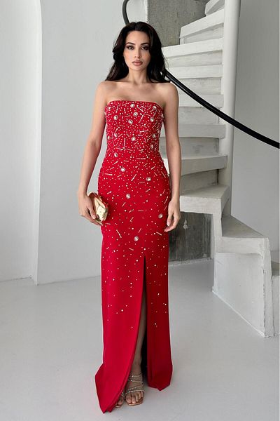 Serica Moda Red Stone Embroidered Slit Strapless Evening Dress
