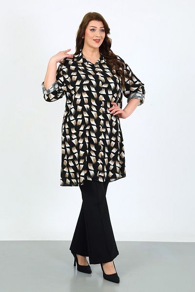 By Alba Collection Women's Black Patterned Cotton Viscose Large Size Tunic